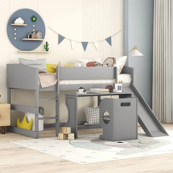 slide 2 of 18, Multiple Functions Bed,Low Study Twin Loft Bed with Chair and Rolling Portable Desk Grey