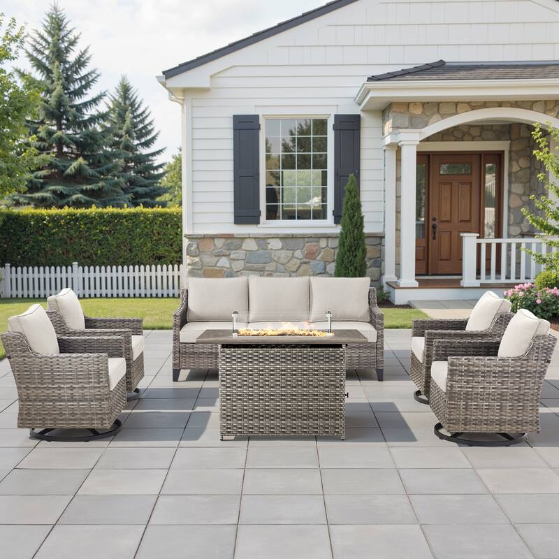 Pocassy Outdoor Swivel Chair with Sofa with Fire Pit Table - Beige Cushion Gray Wicker - 6-Piece Fire Pit Table w/ Sofa Swivel Chair