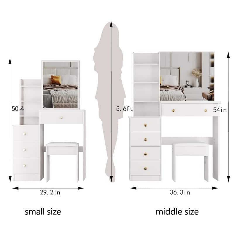 Vanity Desk with Control Sliding LED Mirror, Makeup Vanity with Cushioned Stool, Vanity Set with Hair Dryer Bracket
