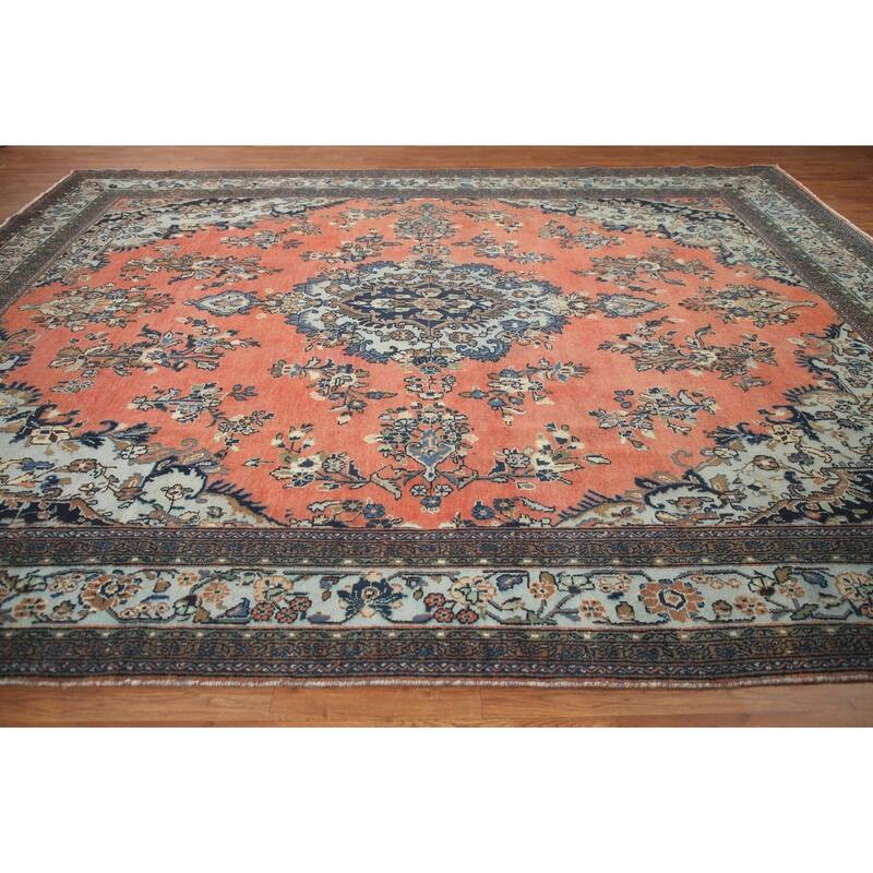 Hand Knotted Oriental 100% Wool Carpet Traditional Floral Coral Hamedan Area Rug - 13' 1'' X 10' 3''