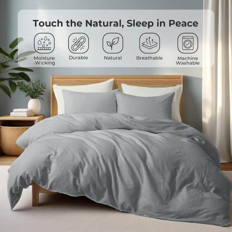 Flax Linen Cotton Blend Duvet Cover Set, Durable, Breathable and Moisture-Wicking, 3 Piece Bedding Set - Full - Queen - Dark Gray