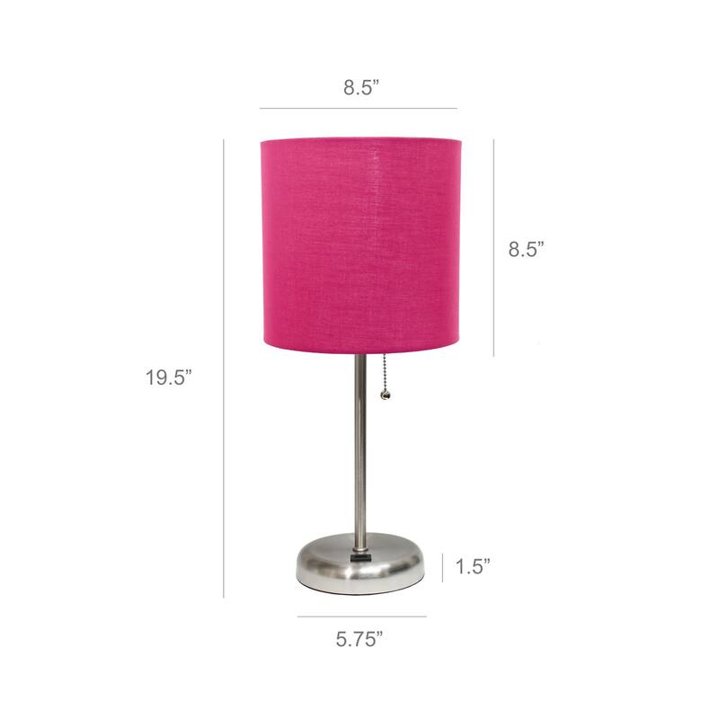 19.5 in. Brushed Steel Finish Table Lamp with Pink Shade, Durable Stick Lamp for End/Side Tables, Set of 2