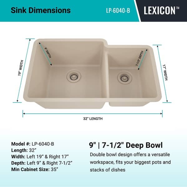 dimension image slide 2 of 6, 32"x19" Quartz Granite Kitchen Sink, 60/40 Double Bowl Drop-in - 19x32