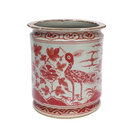 Coral Red Orchid Pot Bird Motif
