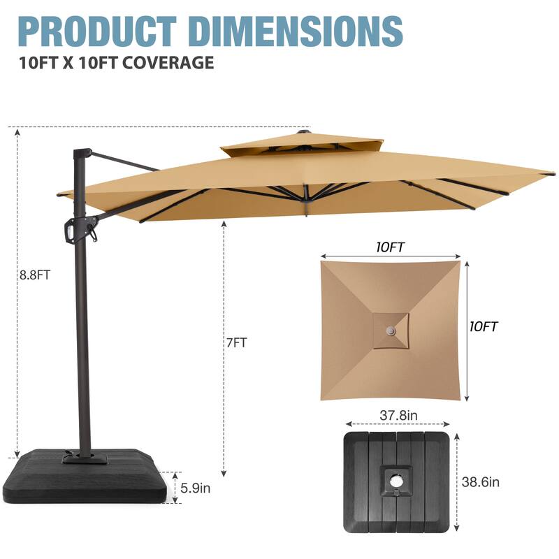 VredHom Patio Outdoor 11 x 11 FT Cantilever-Offset Aluminum Umbrella with Premium Weight Base