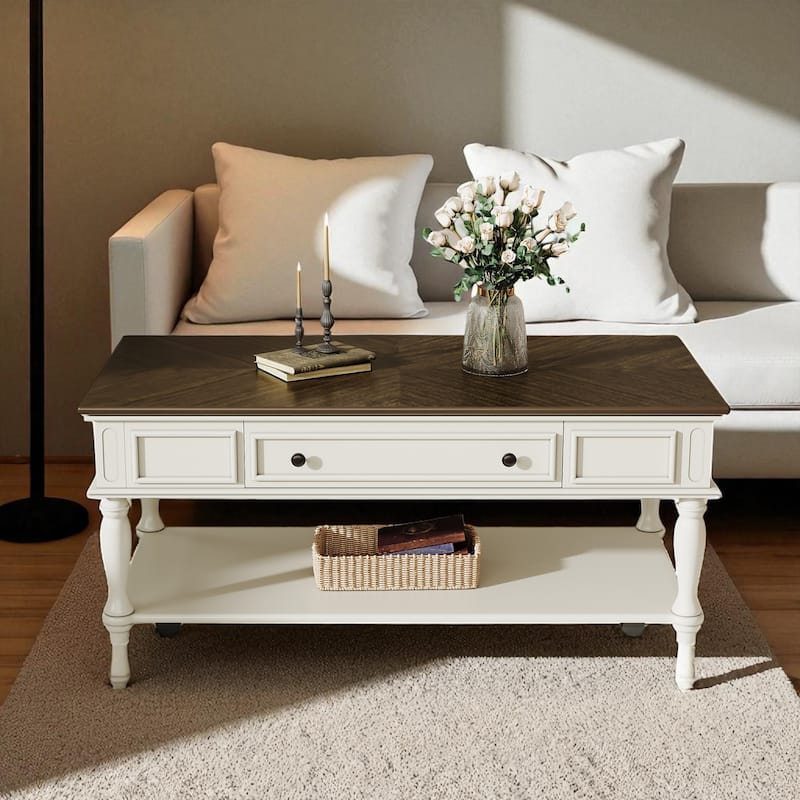 Farmhouse Coffee Table with Drawer and Shelf, 47.2" Rectangular Cocktail Table with Wheels, Rustic Wood Accent - Grey White