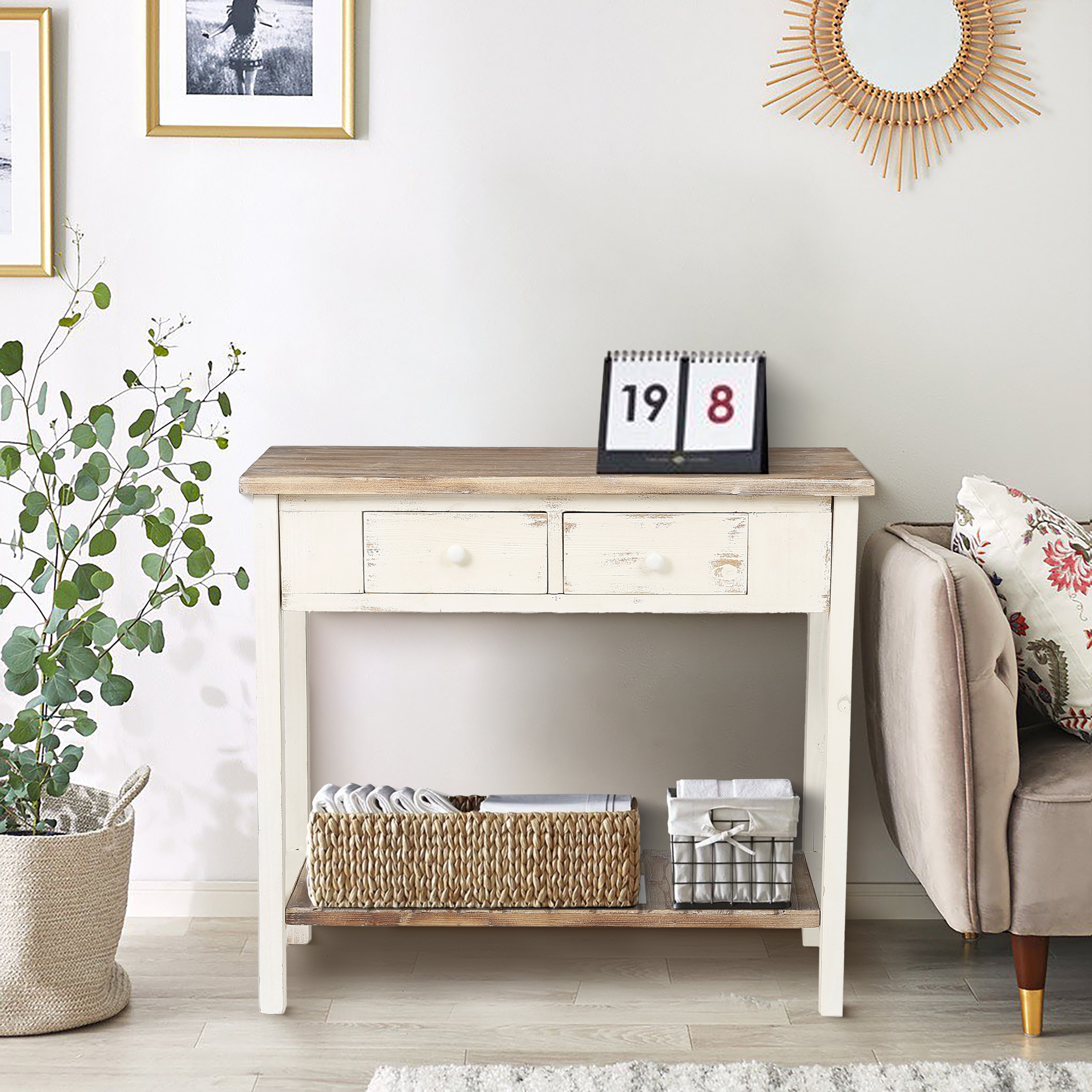 Distressed White and Brown Wood 2 drawer Console Table 31.5