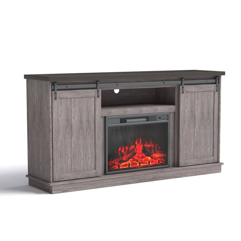 63" Farmhouse Fireplace TV Stand with Sliding Barn Door, Accommodates TVs Up to 65", Featuring Storage and Adjustable Shelves