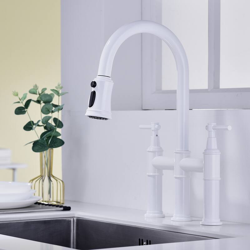 Bridge Kitchen Faucet with Pull-Down Sprayhead in Spot