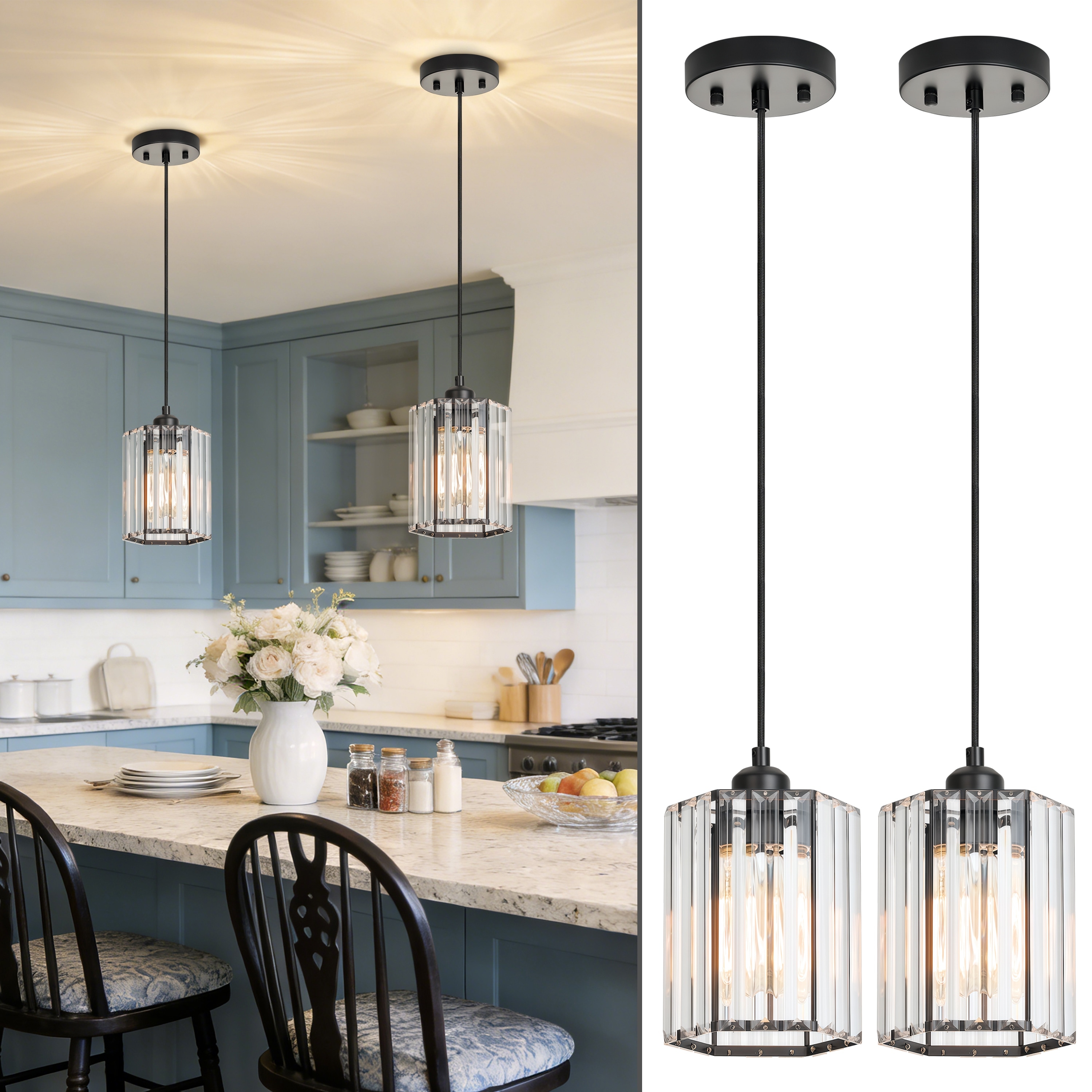 Starsky 1-Light Modern Cylinder Single Glass Pendant Light Set of 2 for Kitchen, Dining Room, Living Room