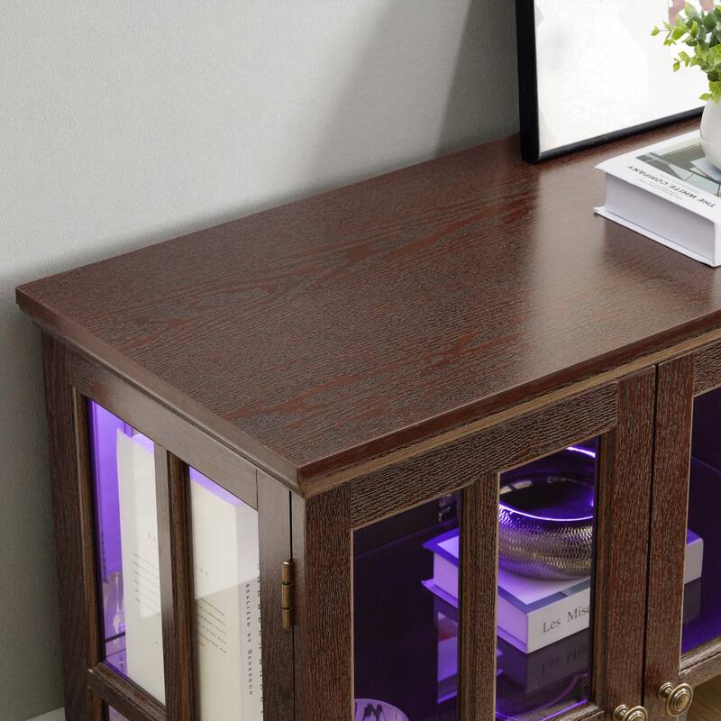 LED Antique Curio Display Cabinet with Glass Doors, Adjustable Shelves and Vintage 4-Door Design