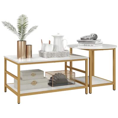 Coffee Tables Set of 2, 2-Rier Rectangle and Round Coffee Table with Storage Shelves, Faux Marble Top and Steel Frame