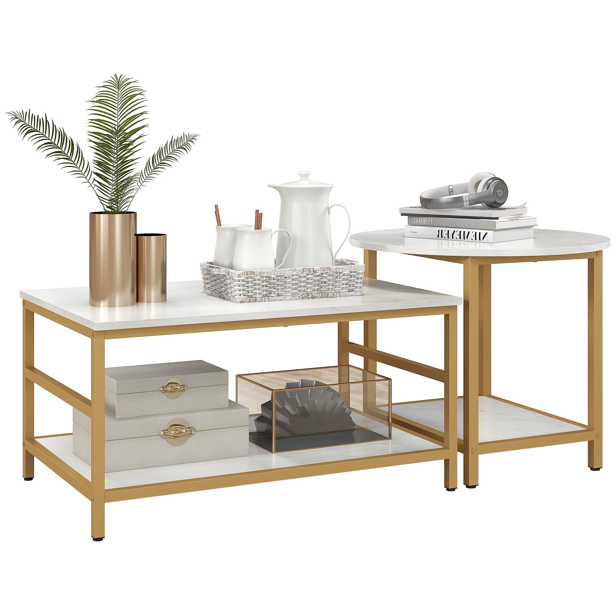 Coffee Tables Set of 2, 2-Rier Rectangle and Round Coffee Table with Storage Shelves, Faux Marble Top and Steel Frame
