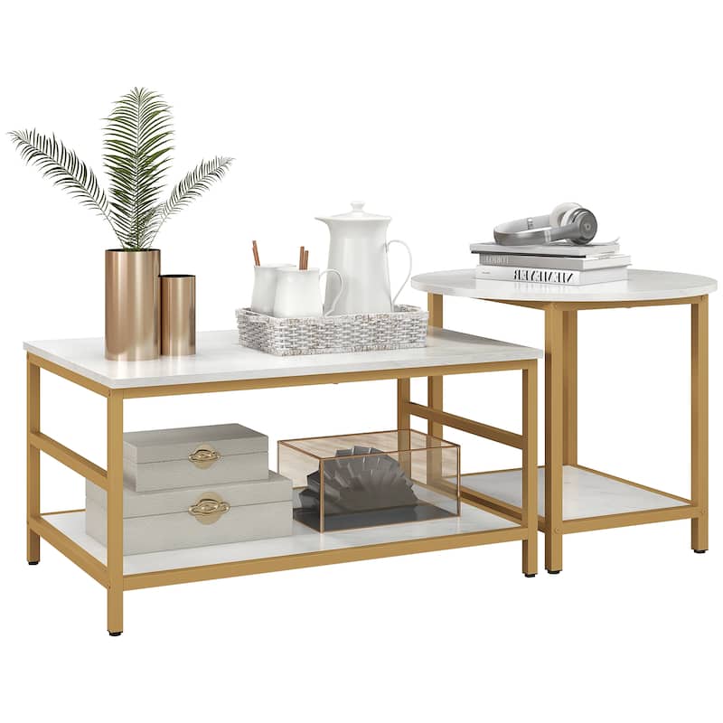 HOMCOM Coffee Tables Set of 2, 2-Rier Rectangle and Round Coffee Table with Storage Shelves, White