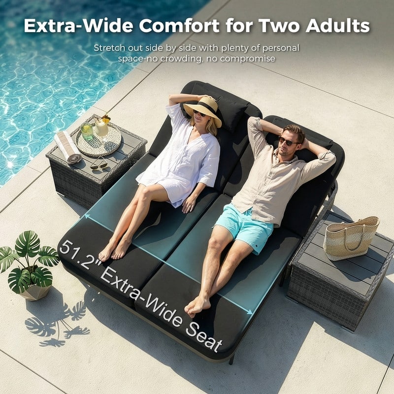 Outdoor Sectional Conversation Set PE Wicker with Double Chaise Lounge, 60,000 BTU Fire Pit Table