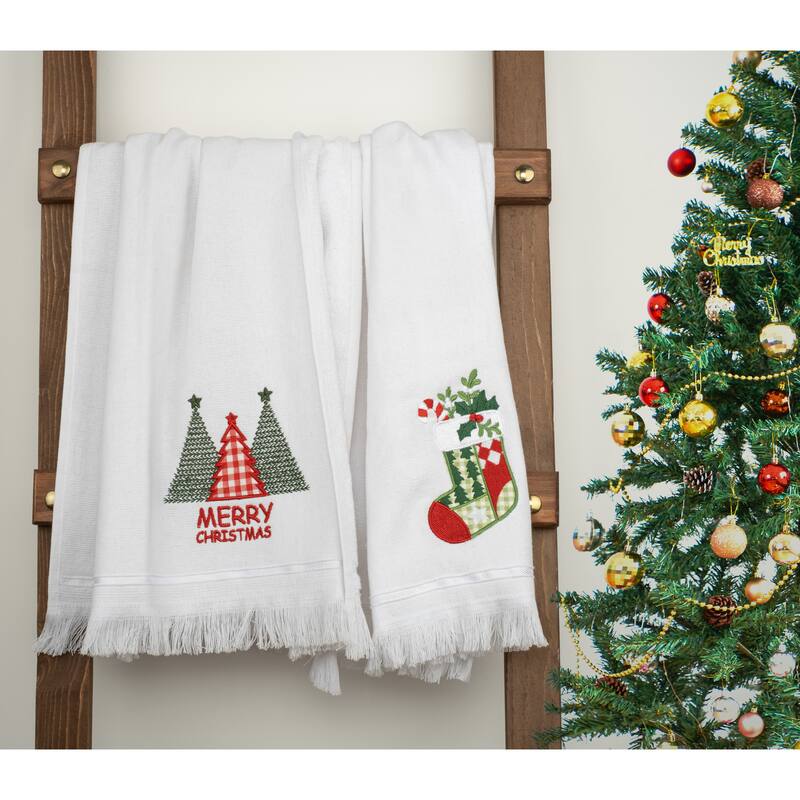 American Soft Linen, Christmas Tree&Socks Cotton White Hand Towel Set