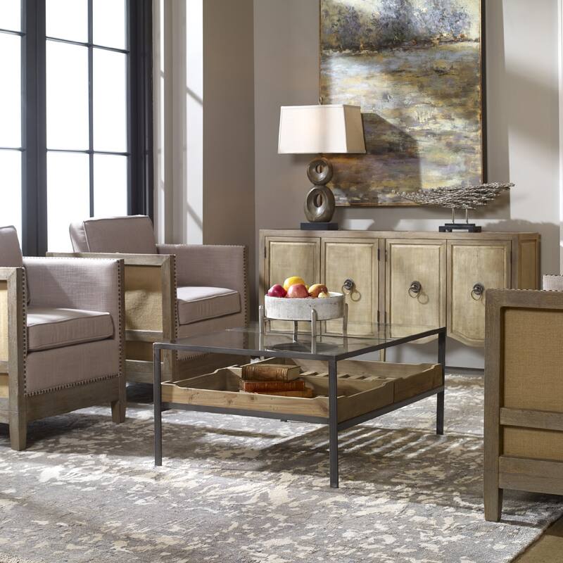 40" Black Steel Frame Glass Coffee Table With Removable Storage Trays