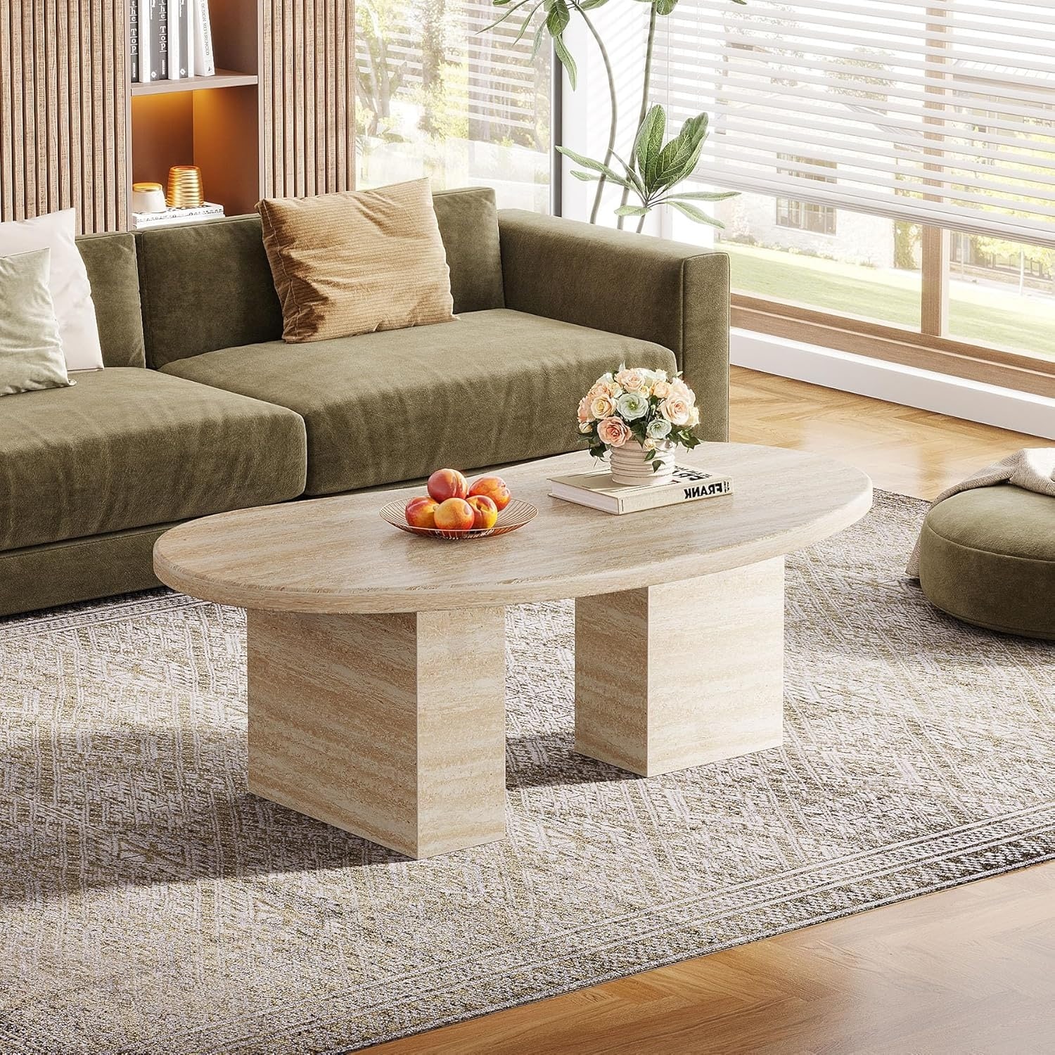 45 Inches Oval Coffee Table with Asymmetric Pedestal Legs for Living Room