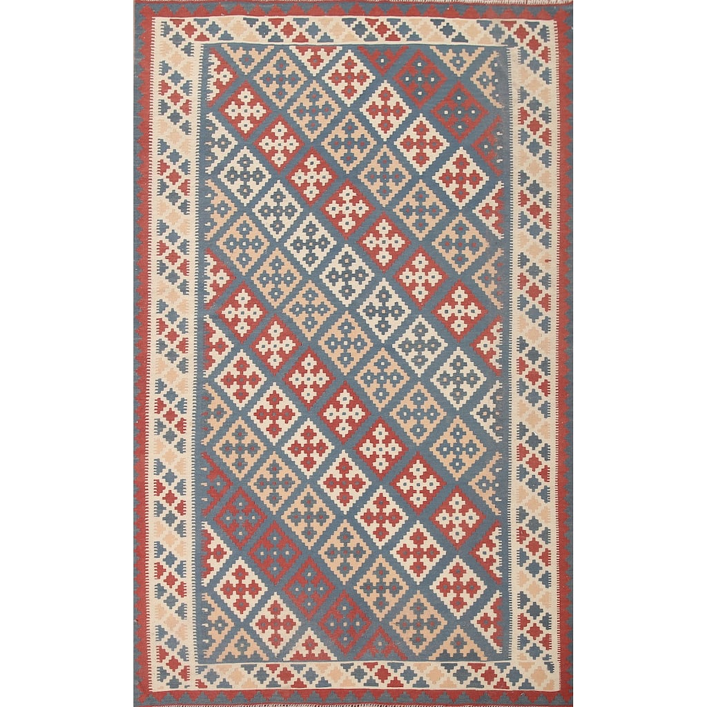 Geometric Kilim Persian Vintage Rug Flatweave Wool Carpet - 6'7"x 10'9"