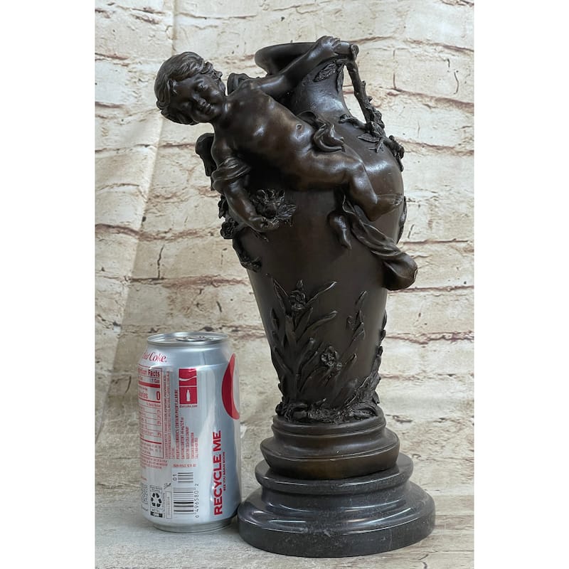 Signed Original Cherub Angel Vase Style Bronze Sculpture Marble Base Figure Sale