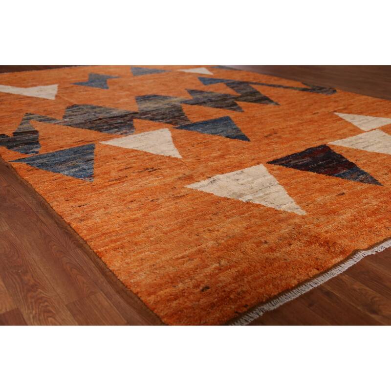 Geometric Orange Moroccan Oriental Rug Hand-Knotted Wool Carpet - 6'10" x 9'10" - 6'10" x 9'10" - Orange