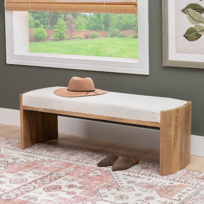 Wylam Cream Sherpa Knit Upholstered Curved Mango Wood Bench