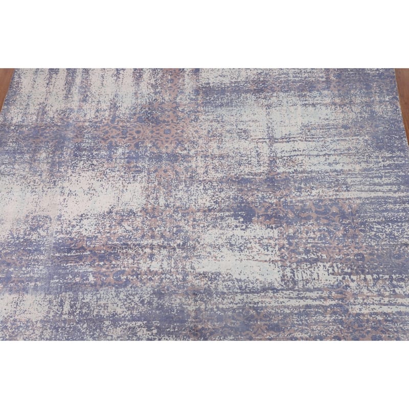 Contemporary Abstract Area Rug Handmade Blue Wool Carpet - 8'0" X 10'2"