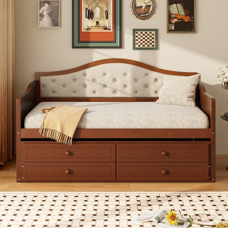 Twin Daybed with Trundle and Storage Drawers, Upholstered Button Tufted Sofa Bed for Living Room, Bedroom, Guest Room, Walnut