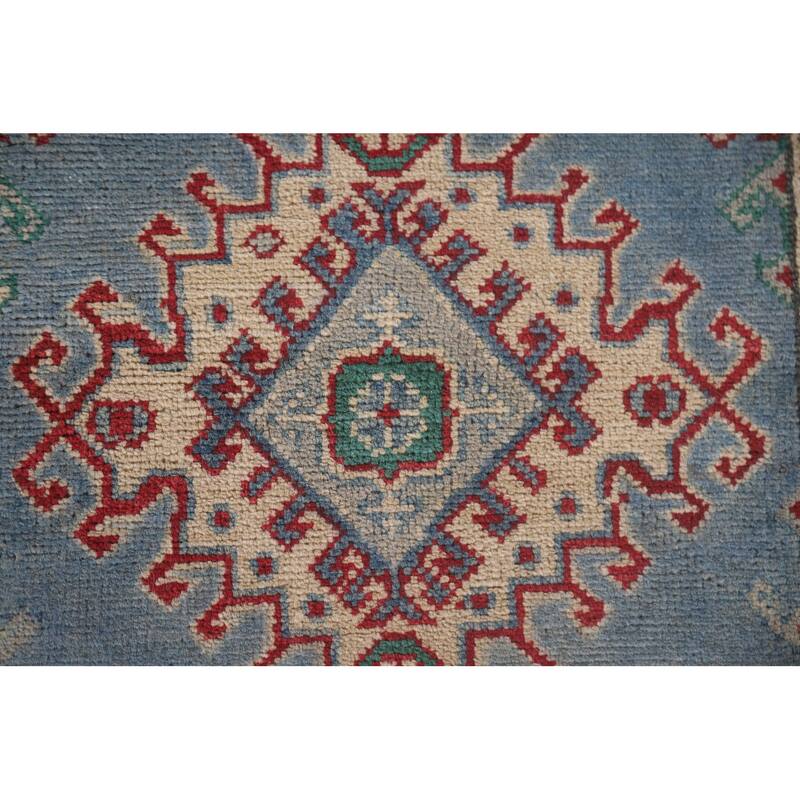 Hand Knotted Oriental 100% Wool Carpet Traditional Geometric Navy Blue & Blues Kazak Runner Rug - 8' 11'' X 2' 9''
