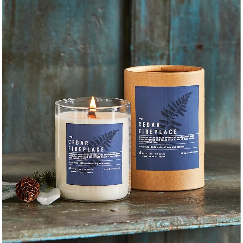 Cedar Fireplace Scented Candle Jar 11oz Ivory Soy Wax 50hr Burn Time Perfect for Christmas Home Decor