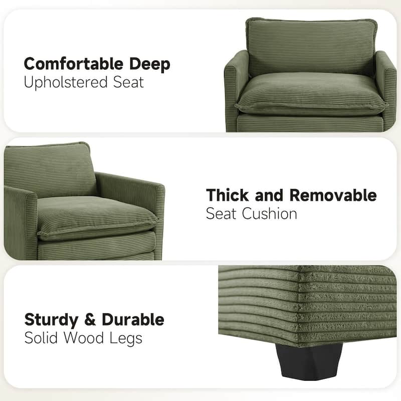 Oversized Corduroy Armchair with Plush Cushions and Movable Ottoman
