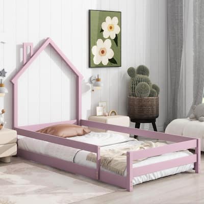 Twin Size House-Shaped Headboard Wood Bed with Fences
