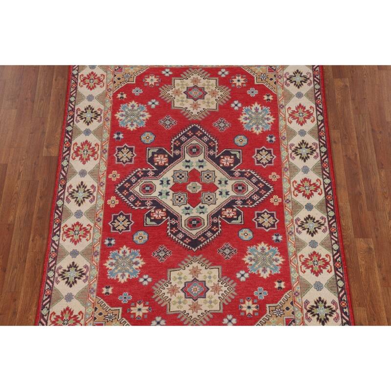 Geometric Kazak Area Rug Handmade Oriental Red Wool Carpet - 4'9" x 6'9"