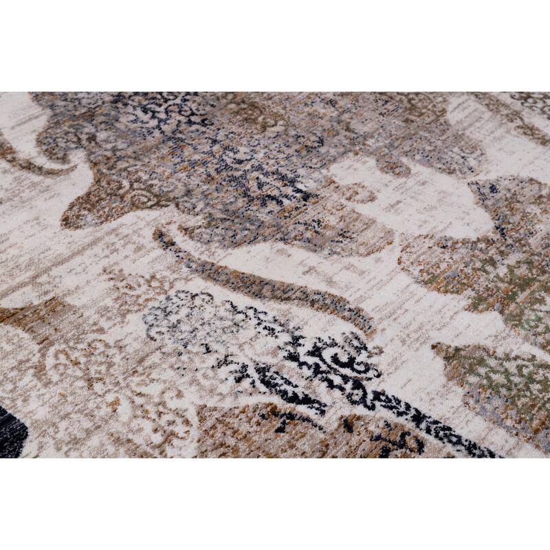 Anna Collection Ivory, Black, Grey, and Tan Scrollwork Rug