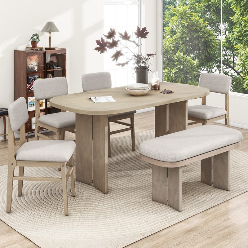 Farmhouse 6-Piece Dining Table Set, Solid Wood Dining Table and 4 Upholstered Chairs & 1 Bench