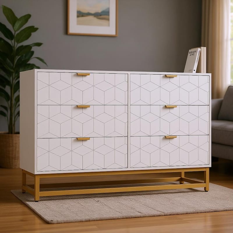 6 Drawer Dresser, with Gold Handles, for TV Stand & Closet - White