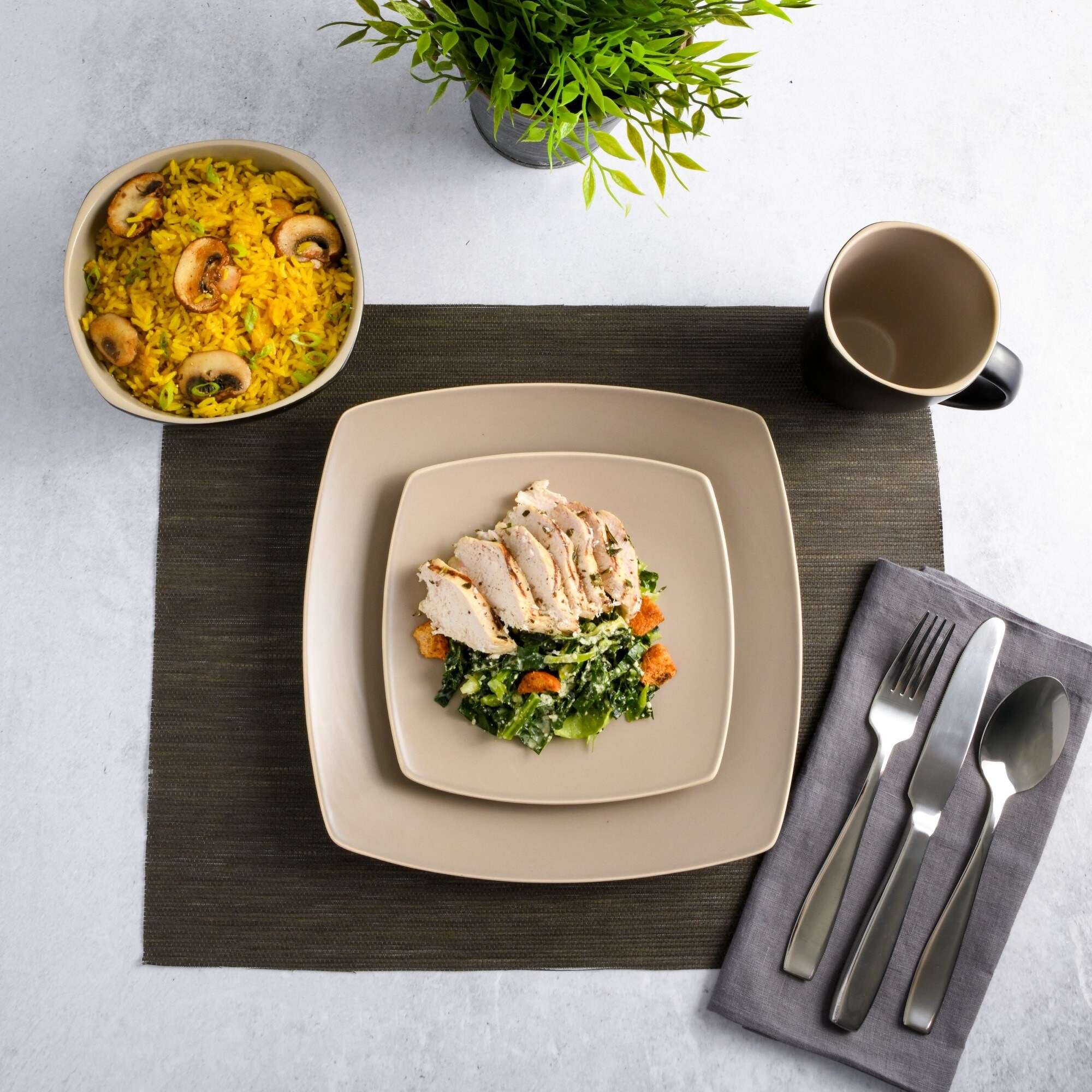 Gibson Elite Soho Lounge Square 16 Piece Stoneware Dinnerware Set Black Taupe
