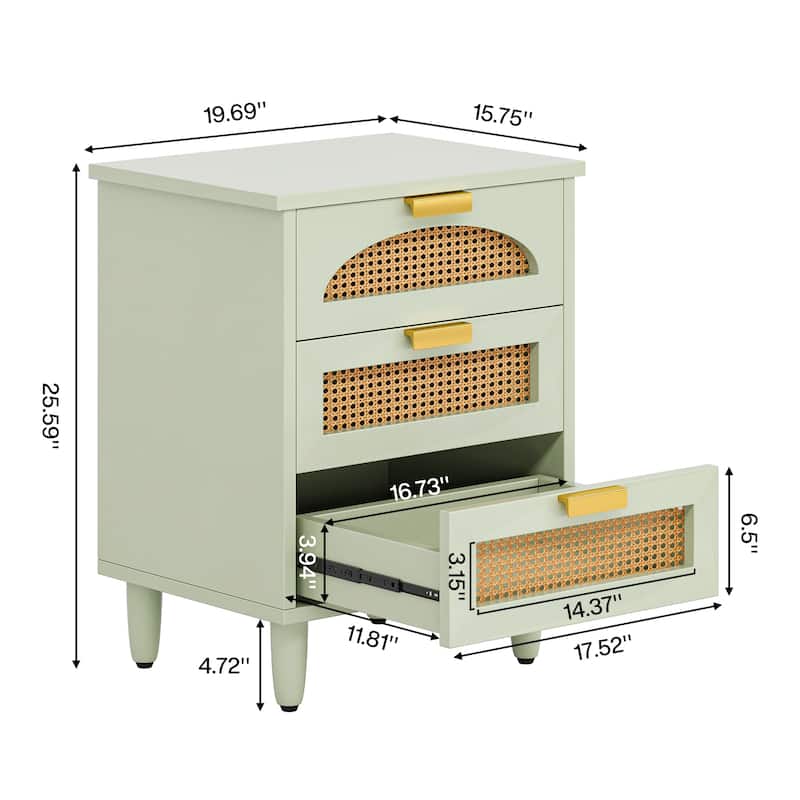 Wood and Rattan 3-drawer Nightstand Bedside Table (Set of 2）