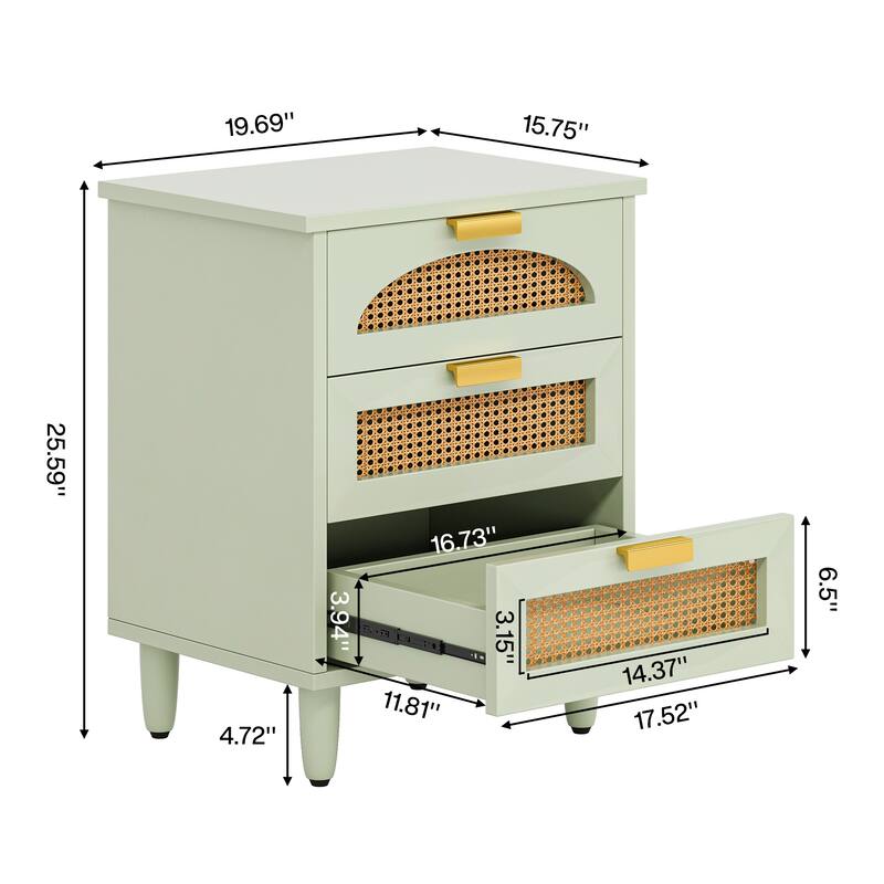 Wood/ Rattan Nightstand Bedside Table with 3-drawer