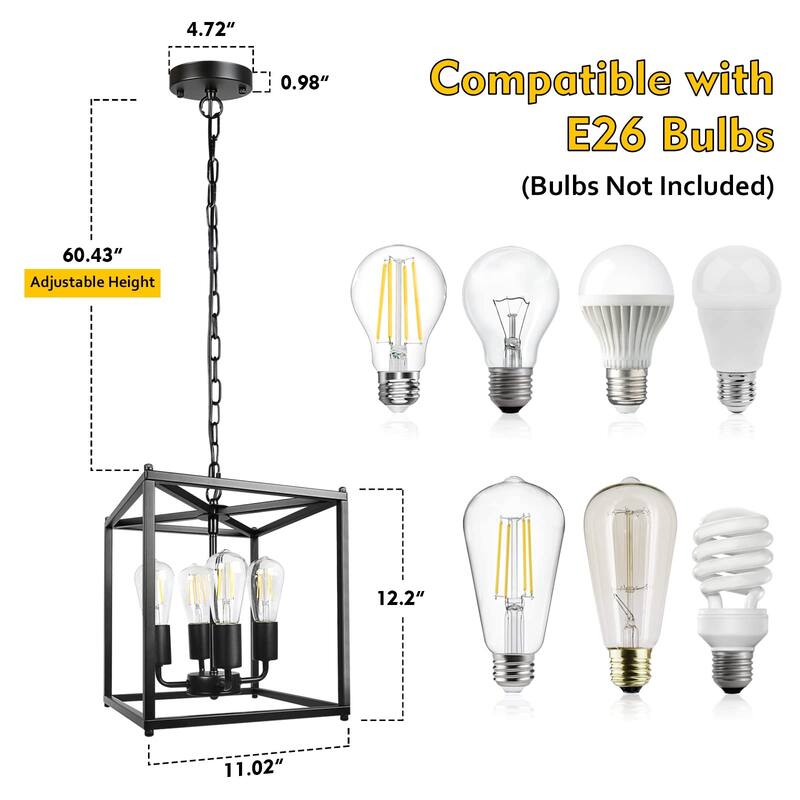 4-Light Black Farmhouse Chandelier, Iron Lantern Pendant Light Rustic Cage Adjustable Height, E26 Base Industrial Hanging Lights