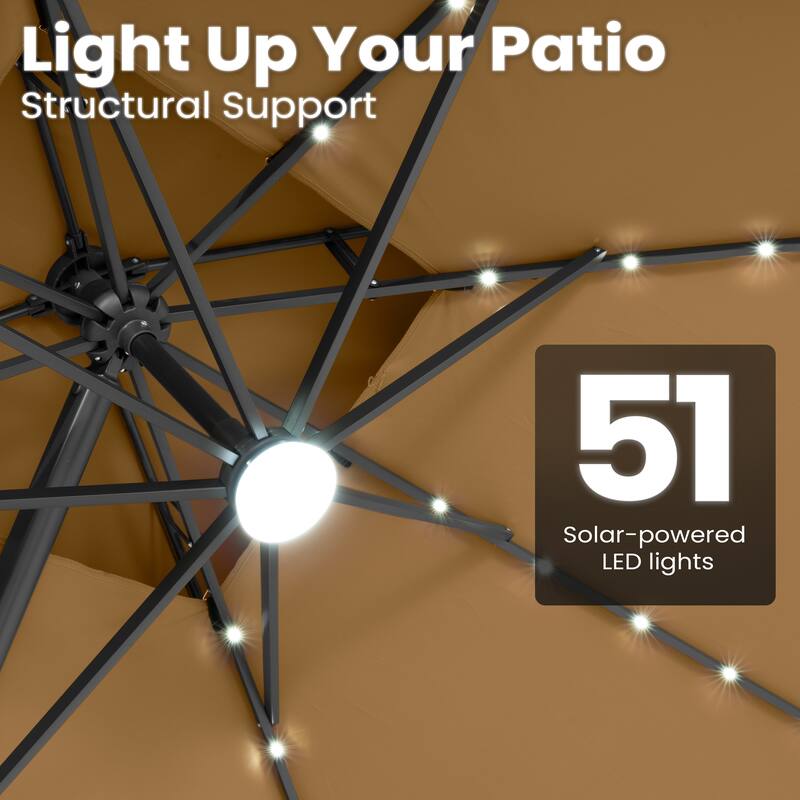 12 x 9 FT Outdoor Patio Cantilever Umbrella with Solar Lights Double Canopy 360 Rotation Tilt with Rod Wheel Base