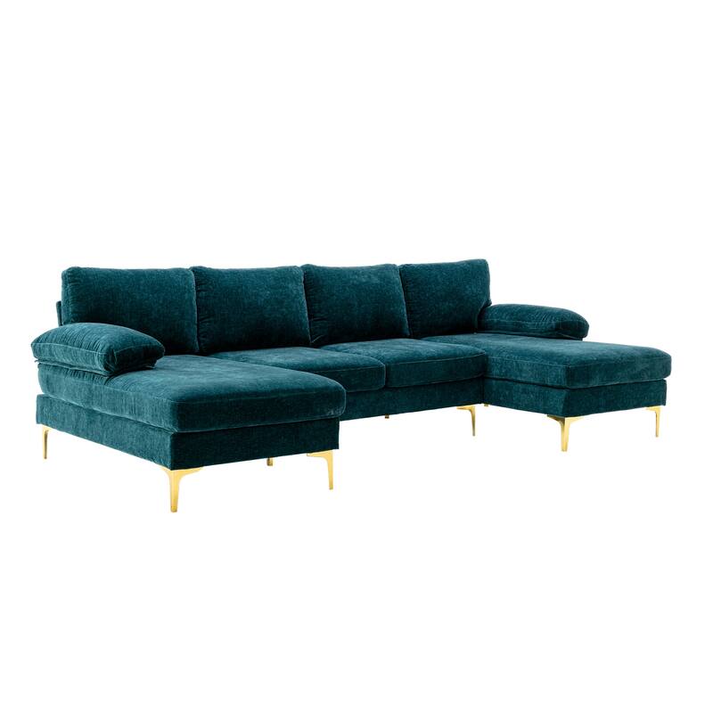 Living Room Chenille Fabric Sofa Sectional Sofa with Cushion Back, Pillow Top Arms, and Metal Legs