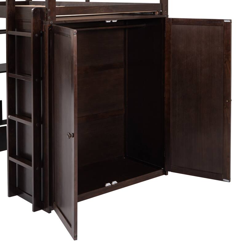Compact Twin Loft Bed with Drawers, Desk, and Wardrobe in Espresso
