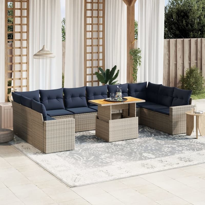 vidaXL Patio Sofa Set with Cushions Outdoor Furniture 11 Piece Poly Rattan - 24.4 x 24.4 x 27.2 - Grey and Navy Blue