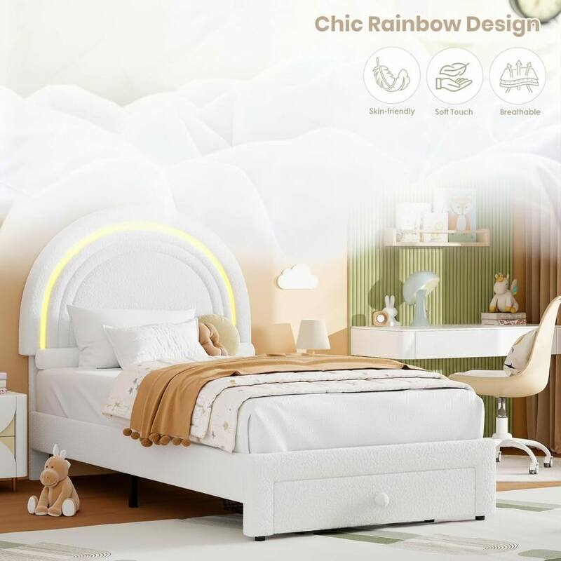 Upholstered LED Bed Frame, with Storage Drawer