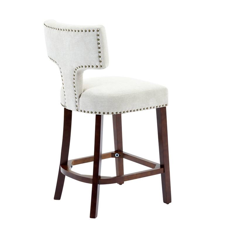 Counter Height Bar Stools Set of 2, Farmhouse Linen Fabric Upholstered Accent Chair Curved Backrest with Copper Nails around