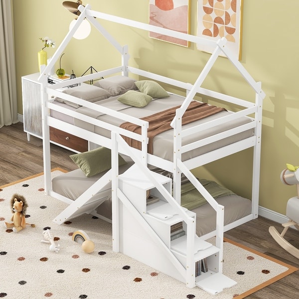 slide 2 of 30, Functional Twin over Twin Wooden House Bunk Kids Bed with Slide,Guardrail and Storage Staircase White