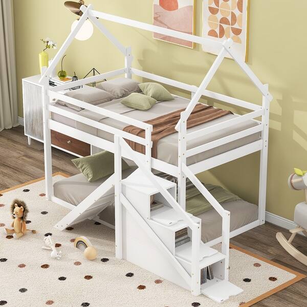 slide 2 of 14, Twin over Twin Pine House Loft Kids Bed Frame with Slide, Staircase & Storage, Safety Guaranteed, Easy Assembly, White White