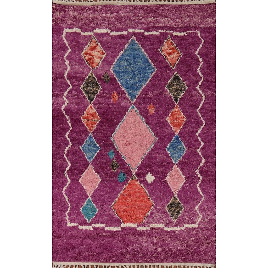 Hand Knotted Oriental 100% Wool Carpet Modern Geometric Purples Moroccan Area Rug - 8' 6'' X 4' 11''