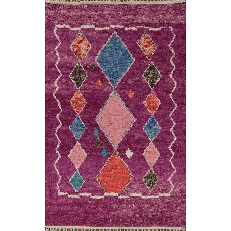 Hand Knotted Oriental 100% Wool Carpet Modern Geometric Purples Moroccan Area Rug - 8' 6'' X 4' 11''